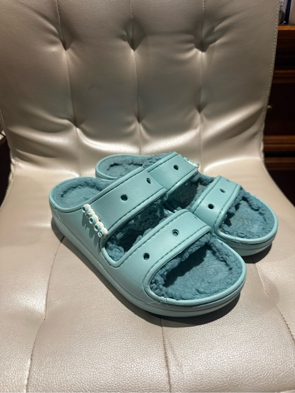 CROCS Kids Plush-Lined Slide Sandals in Aqua